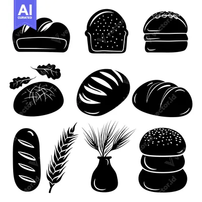 Black and White Silhouettes of Bakery Products and Wheat