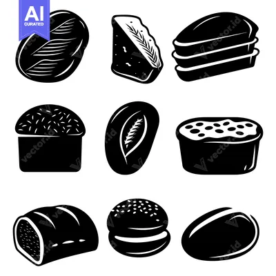 A Set of Black Silhouettes Depicting Various Breads and Pastries