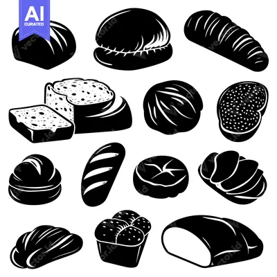 An assortment of black and white silhouettes of various types of bread