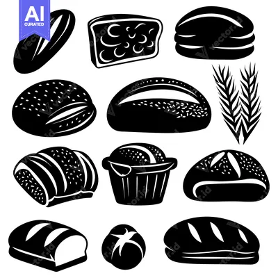 Black and White Illustrations of Various Breads and a Wheat Ear