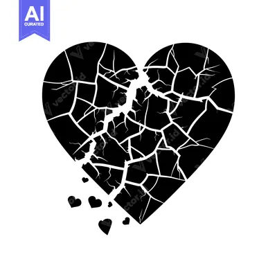 Aset desain premium: A Black and White Illustration of a Cracked Heart with Small Hearts Fa