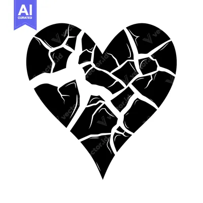A black and white image of a heart broken into pieces.