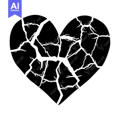 Aset desain premium: A black silhouette of a cracked heart shape.