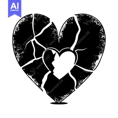 Aset desain premium: A Distressed Black and White Broken Heart with a Smaller Heart Inside