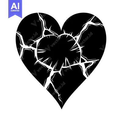 Aset premium populer: A black and white silhouette of a heart cracked and broken in the midd