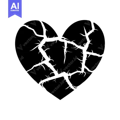 Aset desain premium: A black heart shape with multiple cracks and fissures