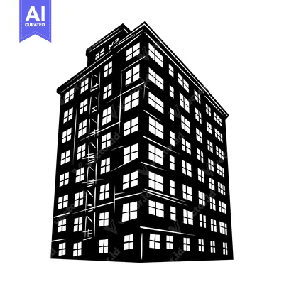 Aset desain premium: Black and White Illustration of a Tall Building with Windows
