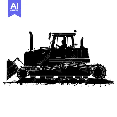 Aset desain premium: Black and White Silhouette of a Bulldozer with Operator
