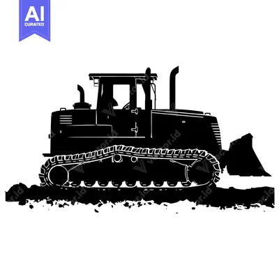 Aset desain premium: Black and White Silhouette of a Bulldozer on a Dirt Path