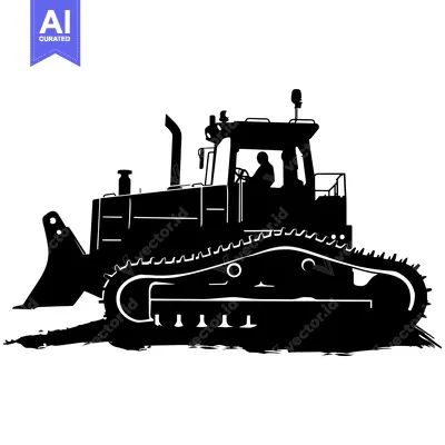 Black and White Silhouette of a Bulldozer with a Driver in the Cab