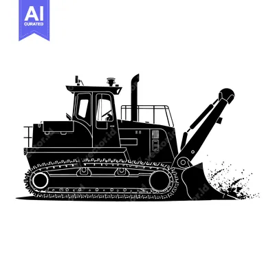 Aset desain premium: Black and White Silhouette of a Bulldozer with its Bucket Raised