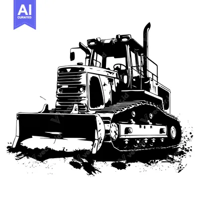 Premium design asset: Black and White Illustration of a Powerful Tractor with Tracks and a L