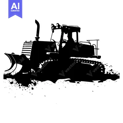 Aset desain premium: Black and White Silhouette of a Bulldozer in Action