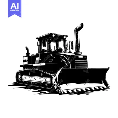 Black and White Silhouette of a Bulldozer with a Raised Blade