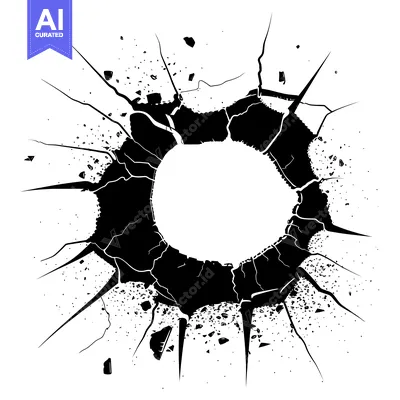 Premium design asset: Black and White Circular Crack with Scattered Debris
