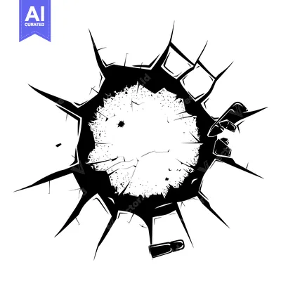 Aset desain premium: Black and White Silhouette of a Bullet Hole with a Bullet