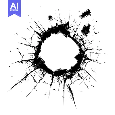 Aset desain premium: Black and White Illustration of a Circular Hole in Shattered Glass