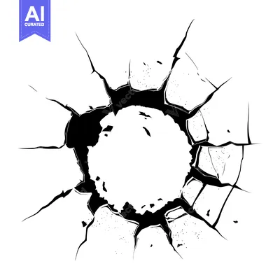 Aset premium populer: Black and White Illustration of a Circular Hole in a Cracked Wall