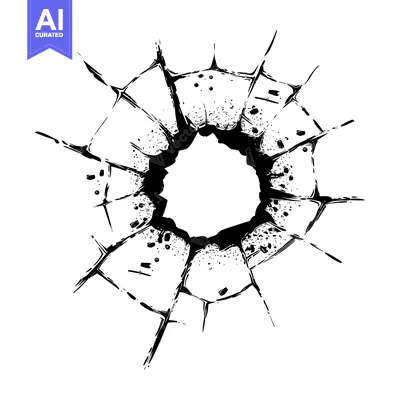 Popular premium asset: Black and white illustration of a shattered window with a round hole i