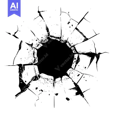 Aset desain premium: Black and White Illustration of a Circular Hole in a Cracked Surface