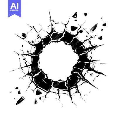Aset desain premium: Bullet Hole in a Wall with Debris and a Bullet