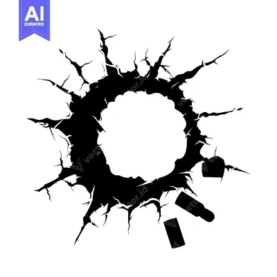 Aset desain premium: Black and white image of a circular crack in a surface with two silhou