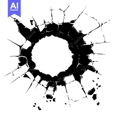 A Black and White Image Depicting a Circular Hole in a Shattered Surfa