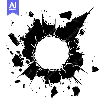 Black and White Illustration of a Bullet Hole with Debris