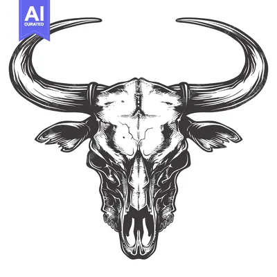 Aset premium populer: Detailed Black and White Illustration of a Bull Skull