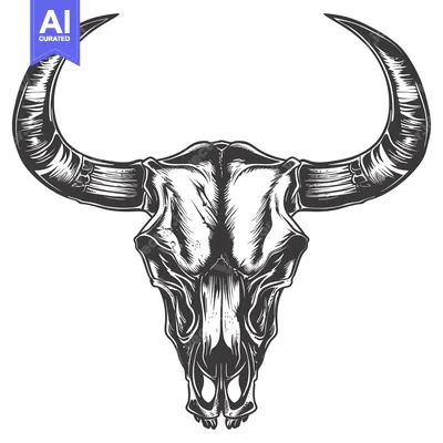 Aset premium populer: Detailed Black and White Illustration of a Bull Skull with Large Horns