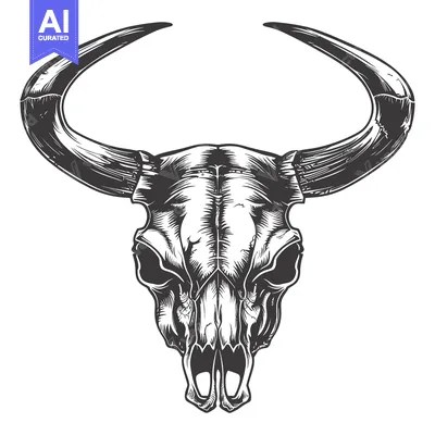 Aset desain premium: Detailed Illustration of a Bull Skull with Long Curved Horns