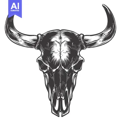 Aset premium populer: A Detailed Black and White Illustration of a Bull Skull