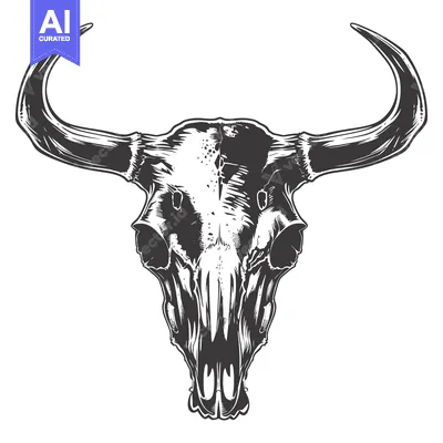Aset desain premium: A Detailed Illustration of a Bull Skull with Large Horns