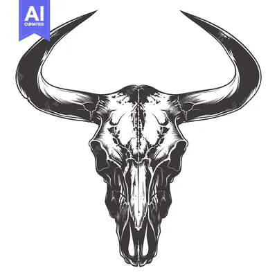 Aset desain premium: Detailed Illustration of a Bull Skull with Large Horns