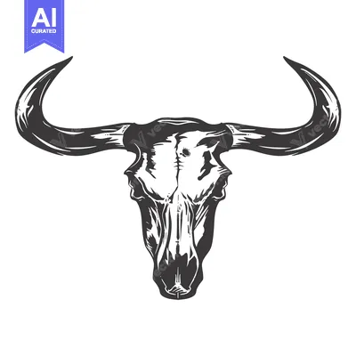 Aset desain premium: Black and White Illustration of a Bull Skull with Large Horns