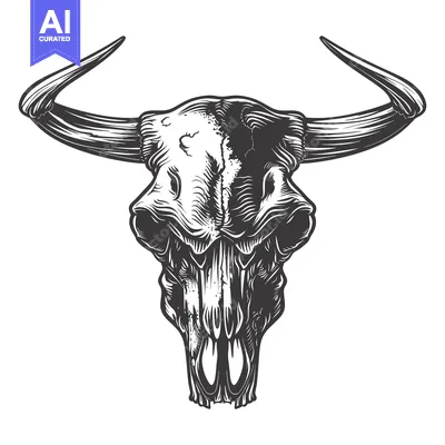 Aset desain premium: Detailed Illustration of a Bull Skull with Long Curved Horns