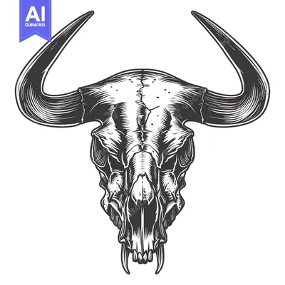 Aset desain premium: Detailed Monochrome Illustration of a Bull Skull with Large Horns