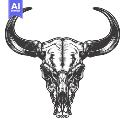 Aset premium populer: Black and White Illustration of a Bull Skull with Long Horns
