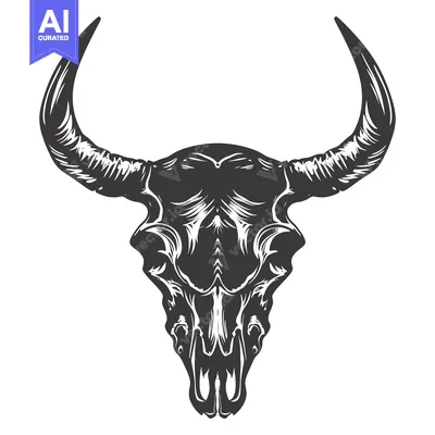 Aset desain premium: Detailed Black and White Illustration of a Bull Skull