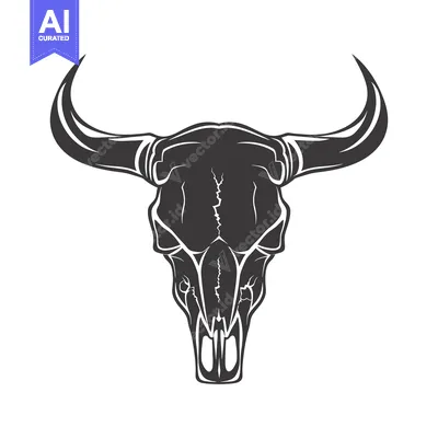 Aset desain premium: A Black and White Stylized Illustration of a Bull Skull with Long Horn