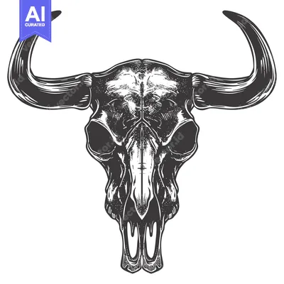 Aset premium populer: Detailed Illustration of a Bull Skull with Large Horns