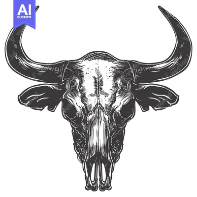 Aset desain premium: Detailed Black and White Illustration of a Bull Skull