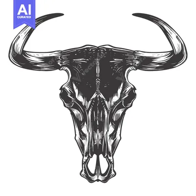 Premium design asset: Detailed Black and White Illustration of a Bull Skull