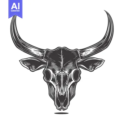 Aset desain premium: Detailed Black and White Illustration of a Bull Skull with Horns