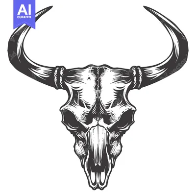Aset desain premium: Detailed Illustration of a Bull Skull with Curved Horns