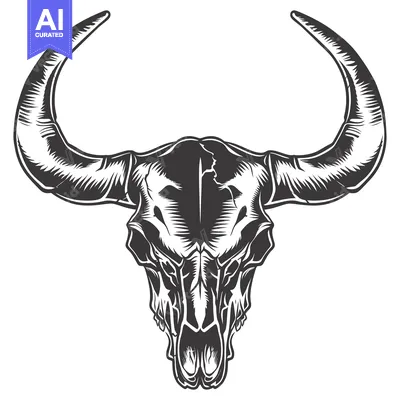 Aset desain premium: A detailed illustration of a bull skull with large horns.