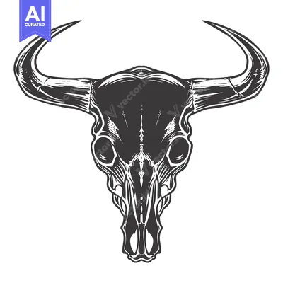 Premium design asset: Detailed Black and White Illustration of a Bull Skull