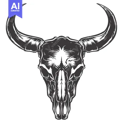 Aset desain premium: Detailed illustration of a bull's skull with large horns