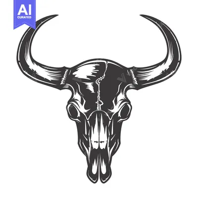 Popular premium asset: Detailed Black and White Illustration of a Bull Skull with Curved Horn