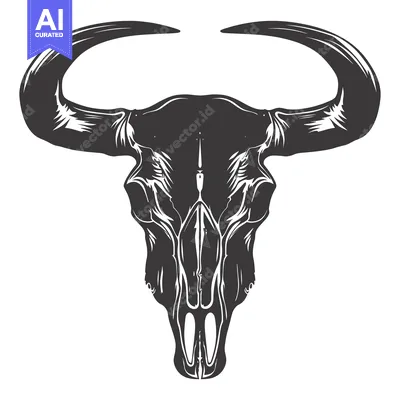 Aset desain premium: A detailed black and white illustration of a bull's skull.